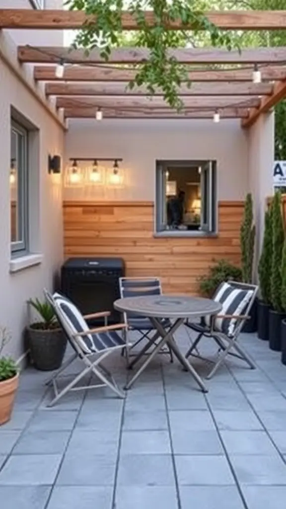 A small patio garden featuring a round table and folding chairs under a wooden pergola.