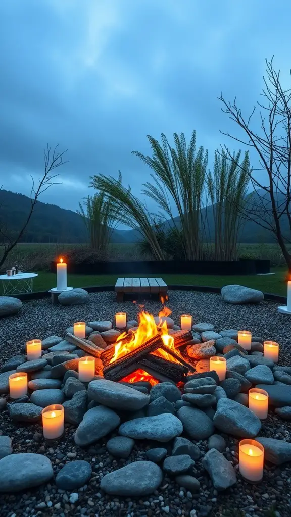 A tranquil fire pit surrounded by smooth stones and candles, with distant mountains and tall grasses in the background.