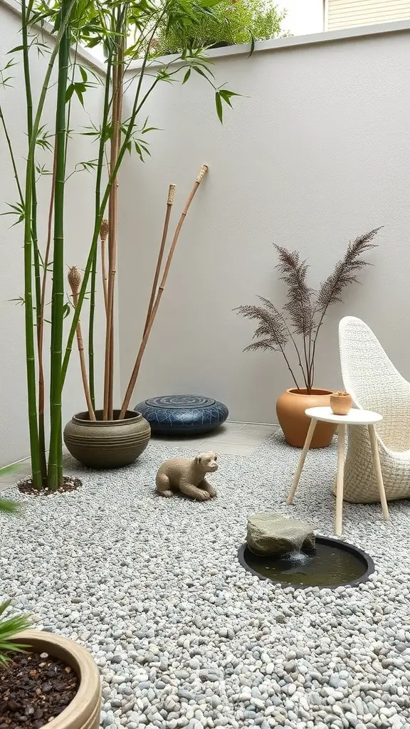 15 Creative Pea Gravel Patio Ideas for Your Outdoor Space 10 A serene zen space featuring a pea gravel patio surrounded by bamboo and decorative elements.