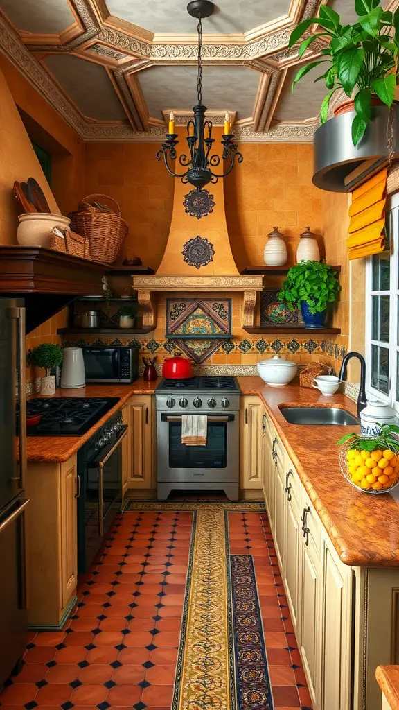 A Mediterranean style kitchen featuring warm tones, patterned flooring, and rustic decor.