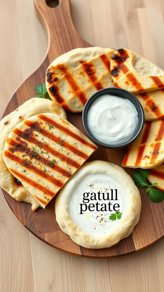 Grilled pita bread served with a creamy dip on a wooden platter.