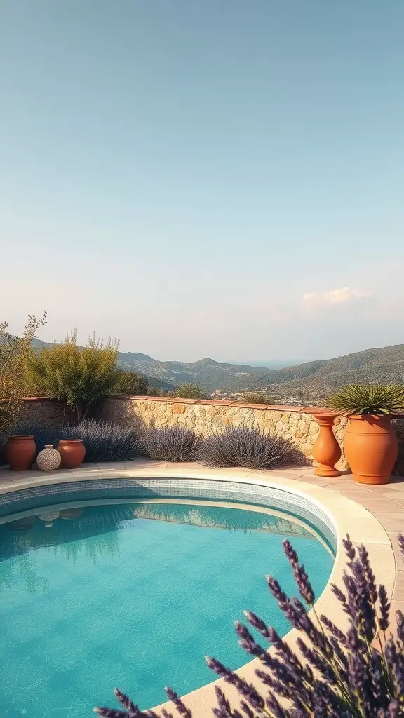 A serene above-ground pool surrounded by Mediterranean-inspired landscaping, featuring terracotta pots and lavender.