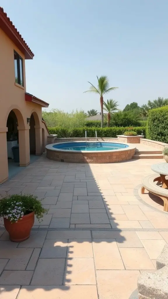 Mediterranean style deck with stone pavers and a round above-ground pool surrounded by greenery and palm trees