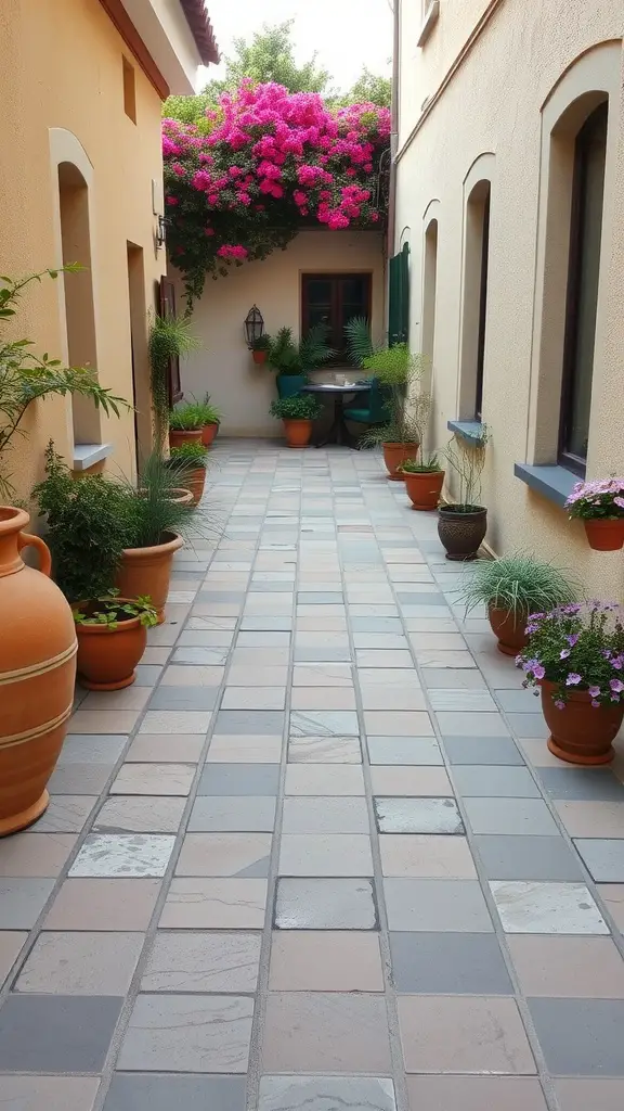 A Mediterranean-style flagstone walkway lined with potted plants and flowers, featuring colorful bougainvillea overhead.