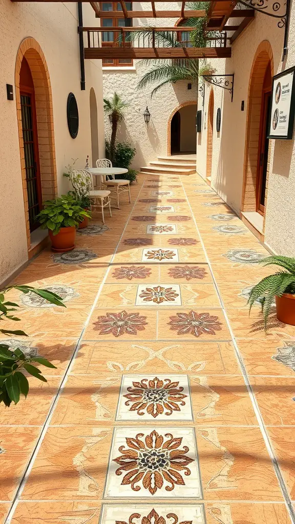 A Mediterranean style pathway with colorful mosaic tiles and potted plants.