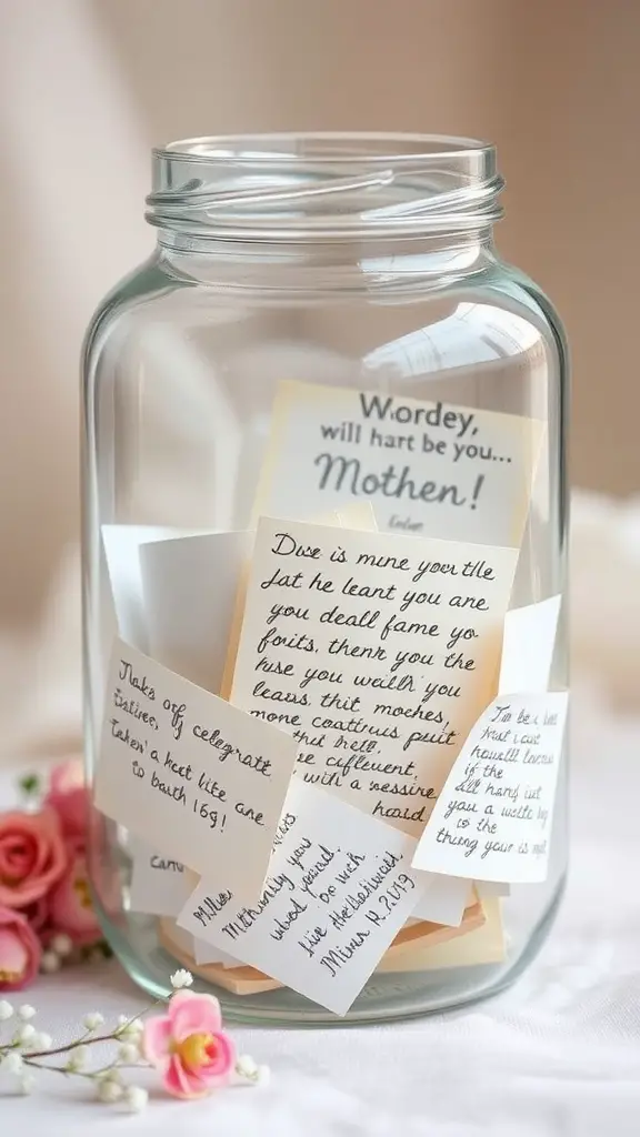 27 Creative Mother’s Day Decor Ideas to Celebrate Mom 12 A clear glass jar filled with handwritten notes, surrounded by pink flowers, representing a memory jar for Mother's Day.