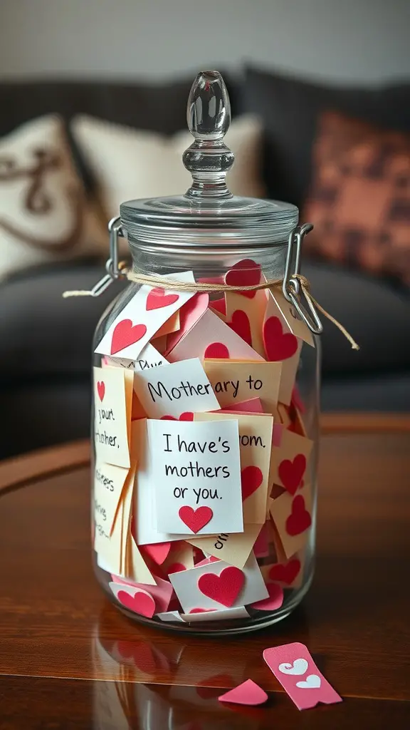 A glass jar filled with colorful notes adorned with hearts, celebrating memories for Mother's Day.