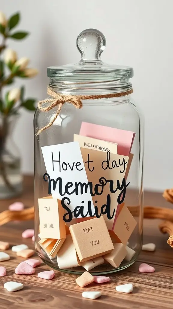 A glass memory jar filled with colorful notes, labeled 'Memory', surrounded by heart-shaped candies.