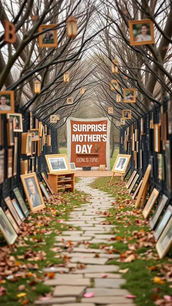 27 Creative Mother’s Day Decor Ideas to Celebrate Mom 29 Memory Lane Path decorated with framed photos and a 'Surprise Mother's Day' banner.