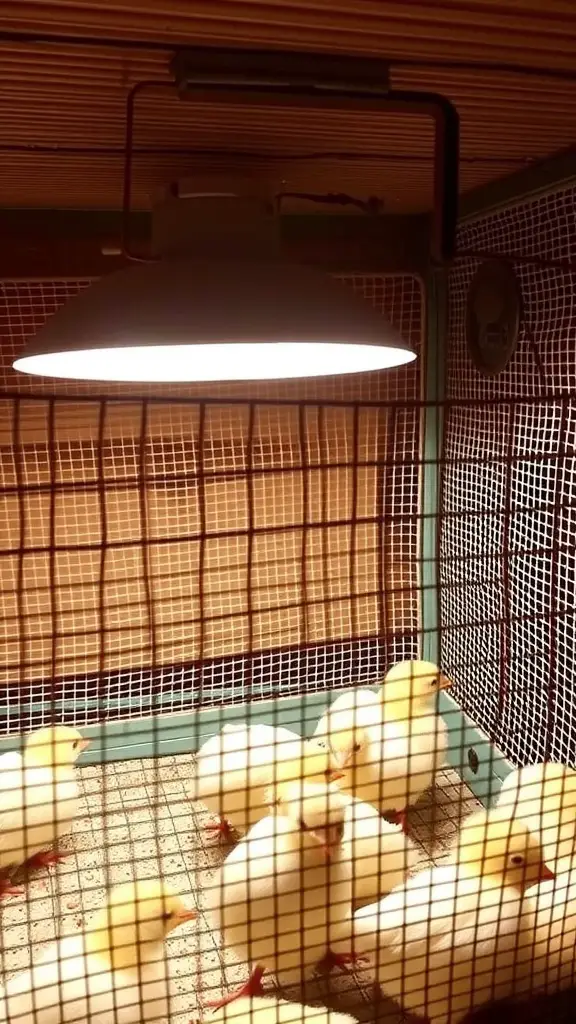 A mesh brooder box with chicks and a heat lamp