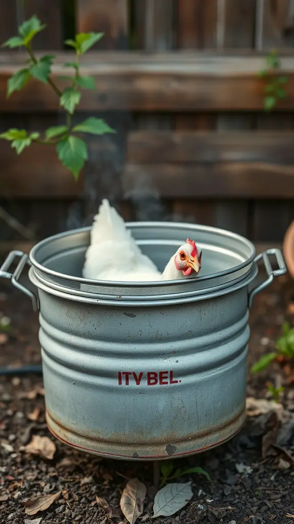 A white chicken resting in a metal container in a garden setting.