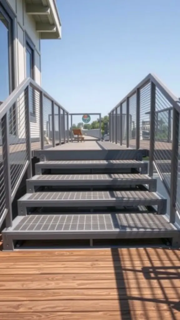 21 Creative Deck Step Ideas to Enhance Your Outdoor Space 11 A set of metal grate steps leading to a deck with a wooden floor.
