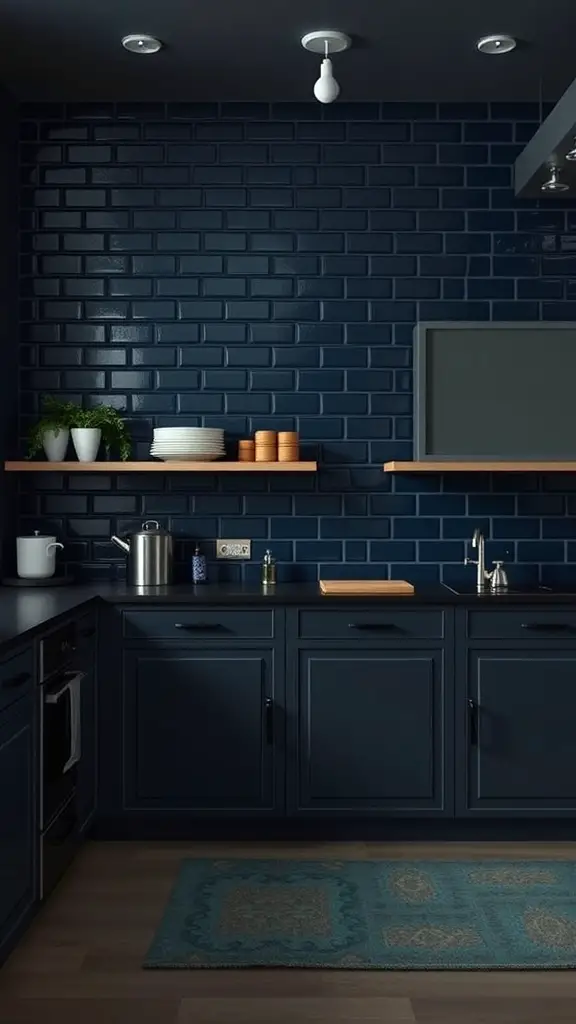 A kitchen featuring a midnight blue brick backsplash with dark cabinets and wooden shelves.