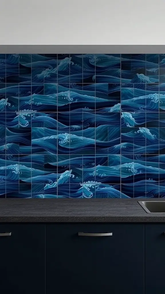 Blue backsplash with wave patterns in a dark kitchen