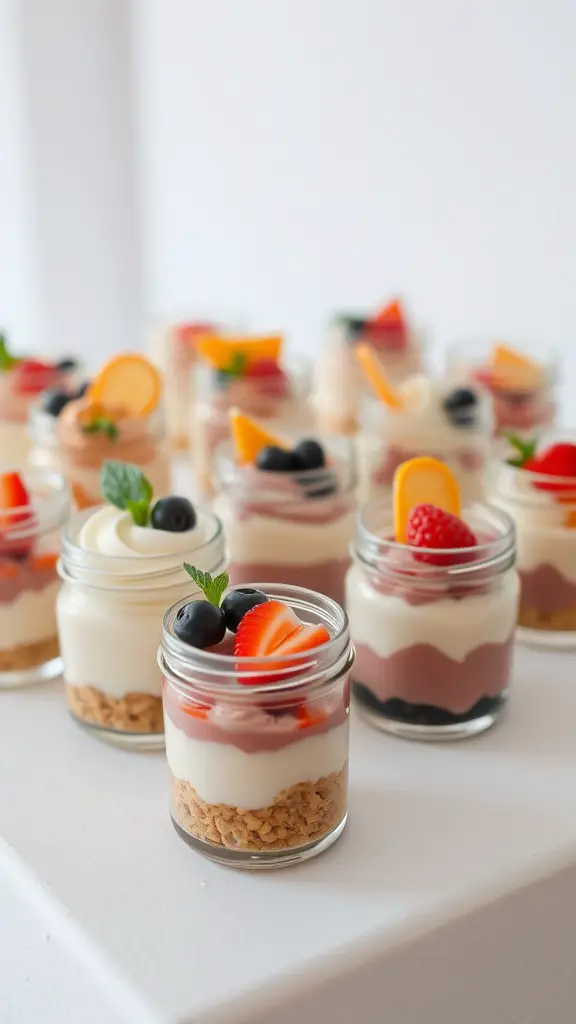 Mini dessert jars filled with layers of cream, fruits, and cookies