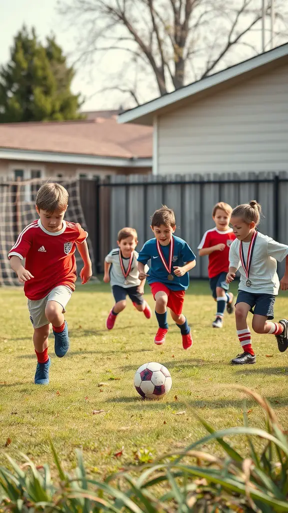 Kids playing soccer in a backyard mini sports tournament