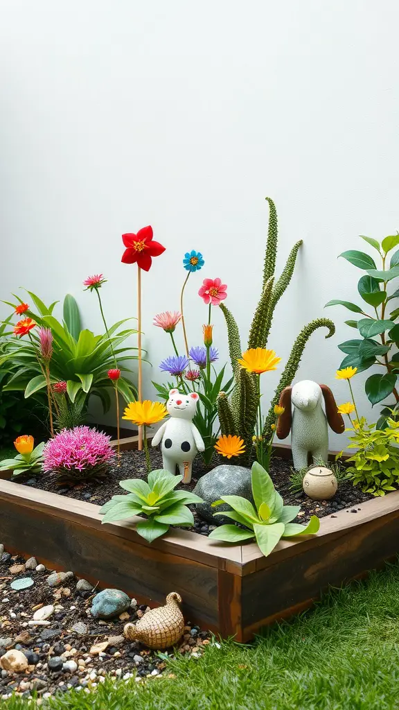 A colorful miniature garden bed featuring flowers, plants, and playful animal figurines, designed for kids.