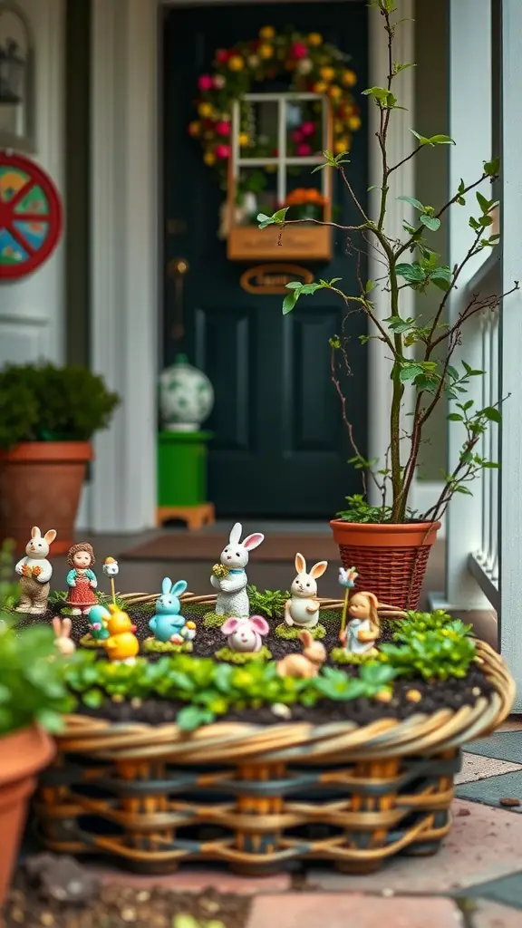 A cheerful miniature garden scene with toy bunnies and children in a wicker basket, surrounded by greenery on a front porch.