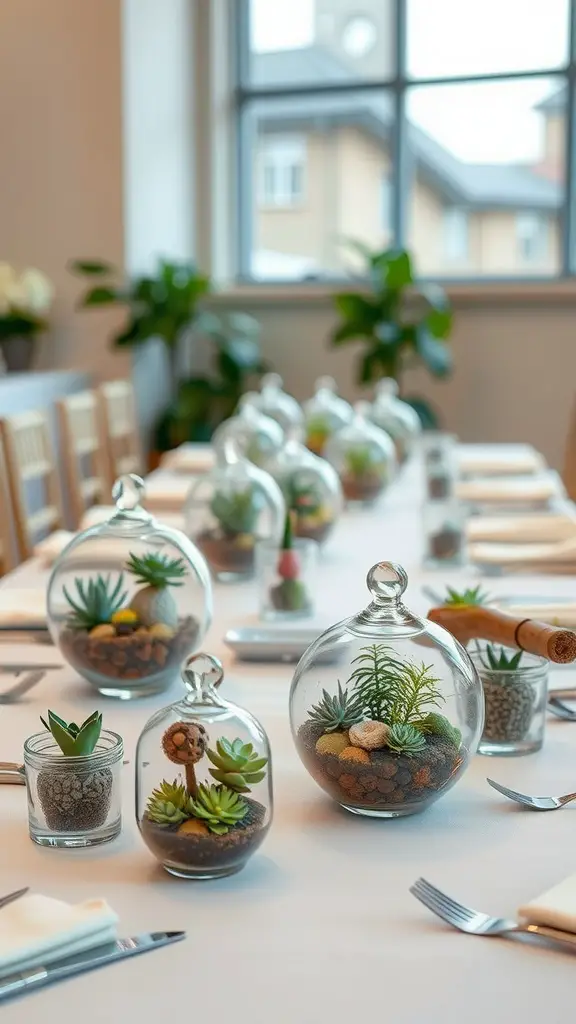 21 Stunning Summer Table Decoration Ideas You'll Love 13 A table set with miniature garden terrariums consisting of succulents and decorative stones.
