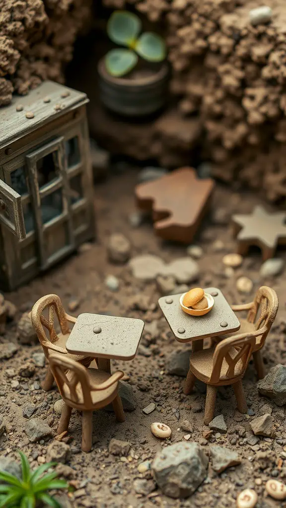 25 Creative Mud Kitchen Ideas for Kids to Inspire Imaginative Play 9 A miniature mud café scene with small tables, chairs, and a dish of baked goods surrounded by dirt and rocks.