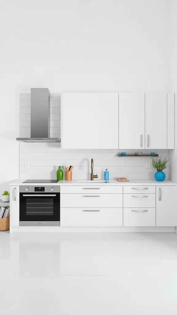 A minimalist blue and white kitchen with sleek cabinets and modern appliances.