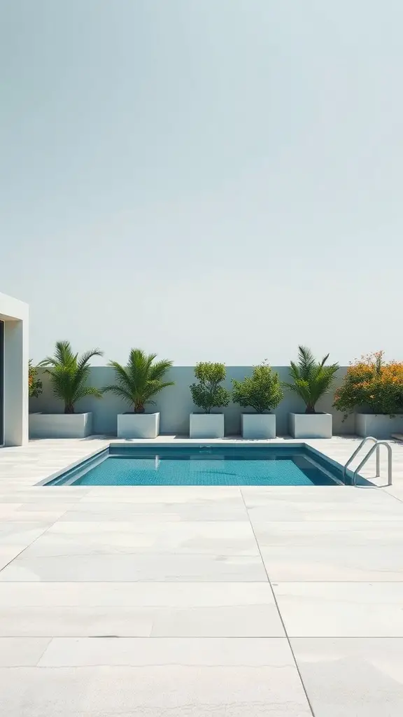A minimalist above-ground pool deck made of light-colored concrete with potted plants.
