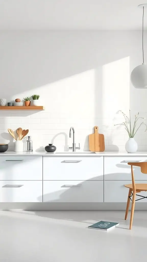 A minimalist contemporary kitchen with white cabinetry, wooden cutting board, and natural light.