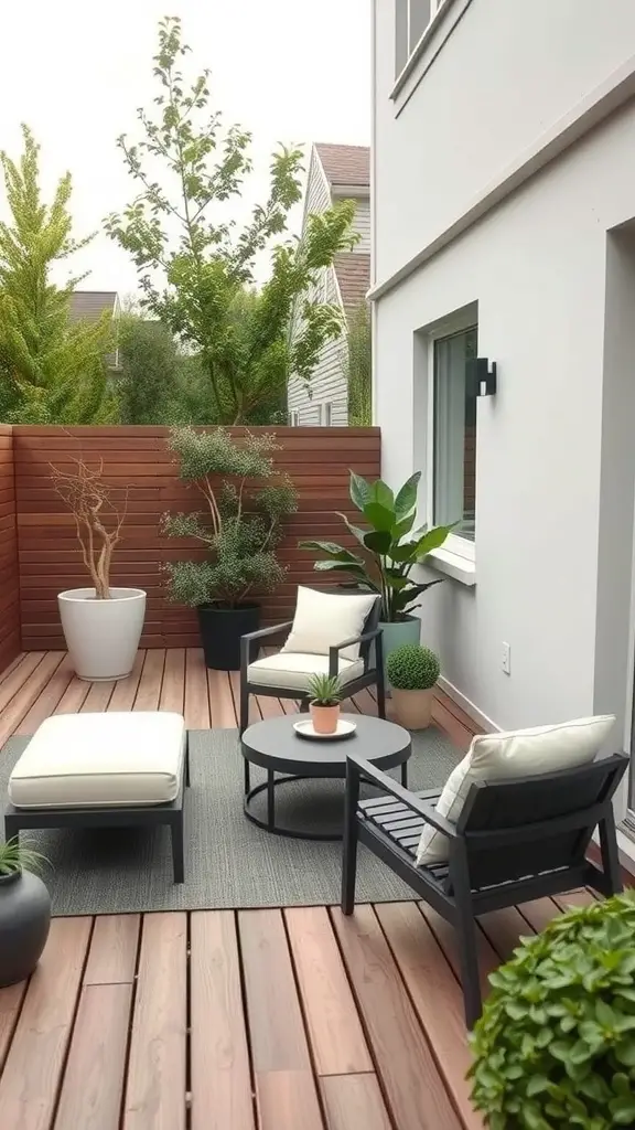 21 Inspiring Small Deck Ideas to Maximize Your Outdoor Space 4 A minimalist outdoor lounge area with two chairs, a coffee table, and potted plants.