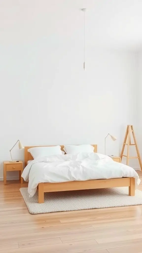 13 Summer Bedroom Aesthetic Ideas to Refresh Your Space 2 A minimalist summer bedroom with a wooden bed, white bedding, and simple decor.
