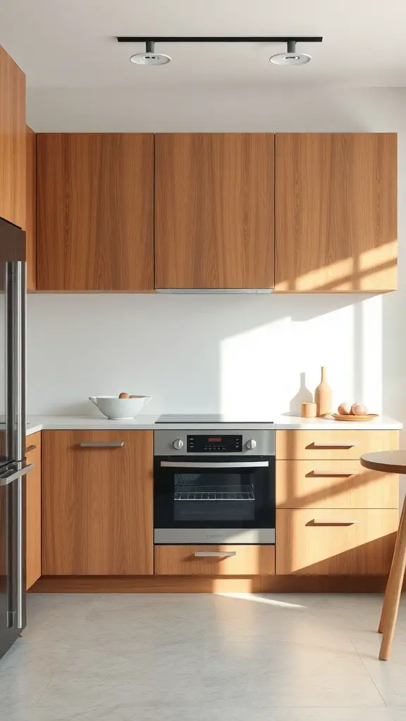 A modern Scandinavian kitchen featuring minimalist wooden cabinets, an oven, and a clean design.