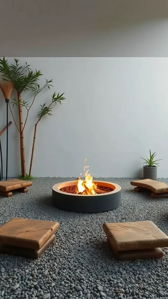 A minimalist zen fire pit space with a circular fire pit, smooth stones for seating, and greenery in a tranquil setting.