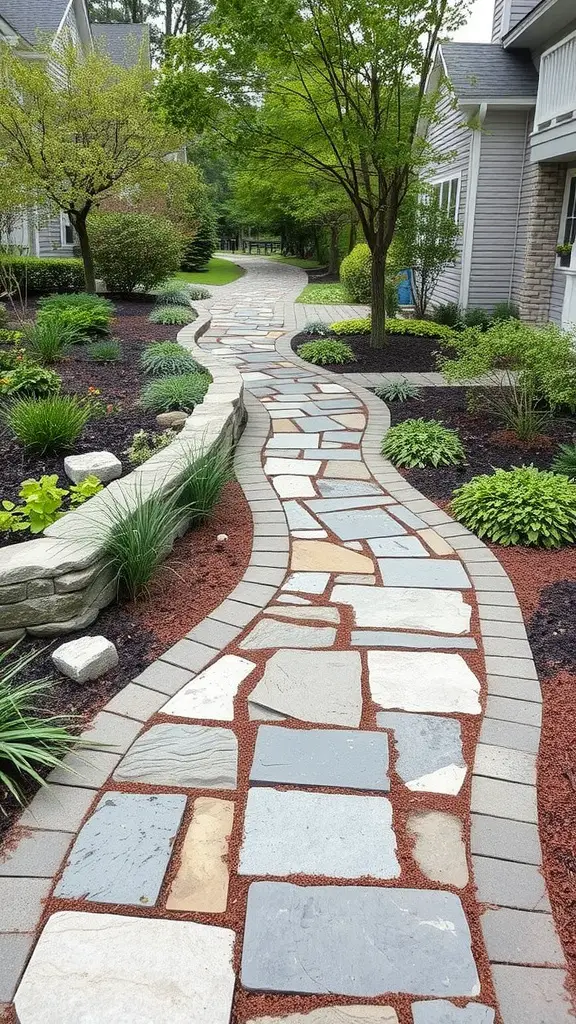 A winding mixed material walkway featuring flagstone and pavers, surrounded by lush greenery and landscaping.