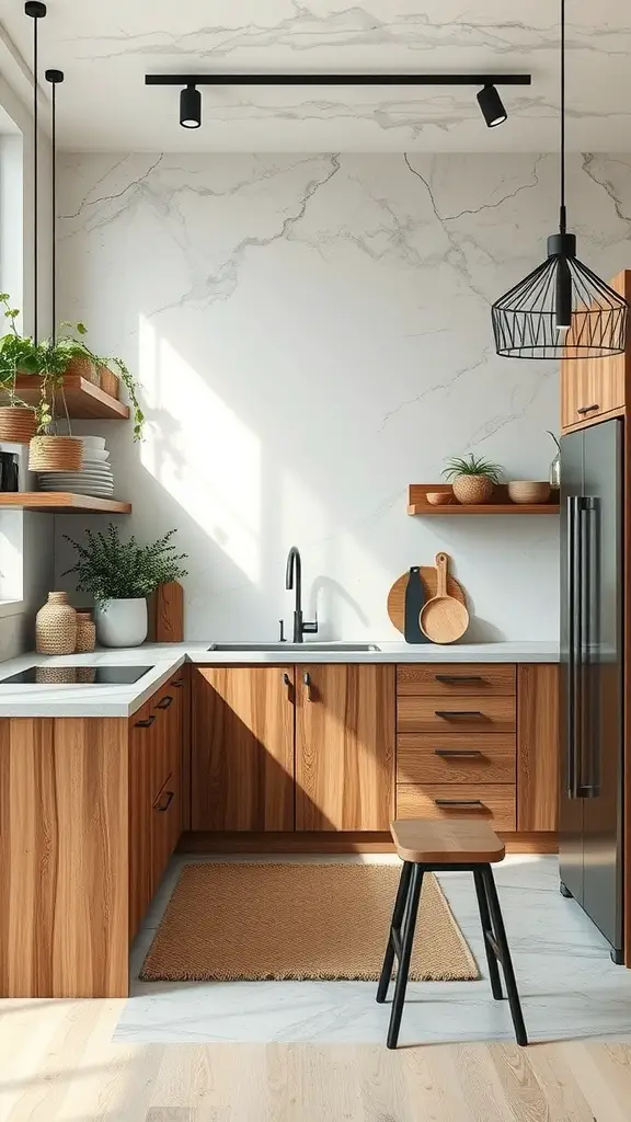 Contemporary kitchen featuring mixed materials like wood and marble, with open shelving and modern lighting.