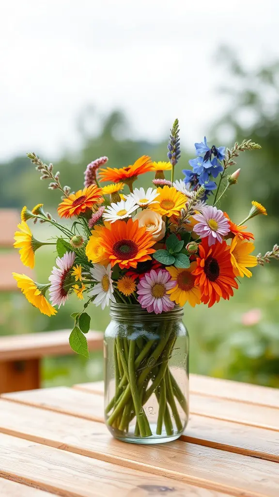 17 Stunning Summer Flower Arrangement Ideas 6 A vibrant Mixed Wildflower Jar Arrangement on a wooden table.