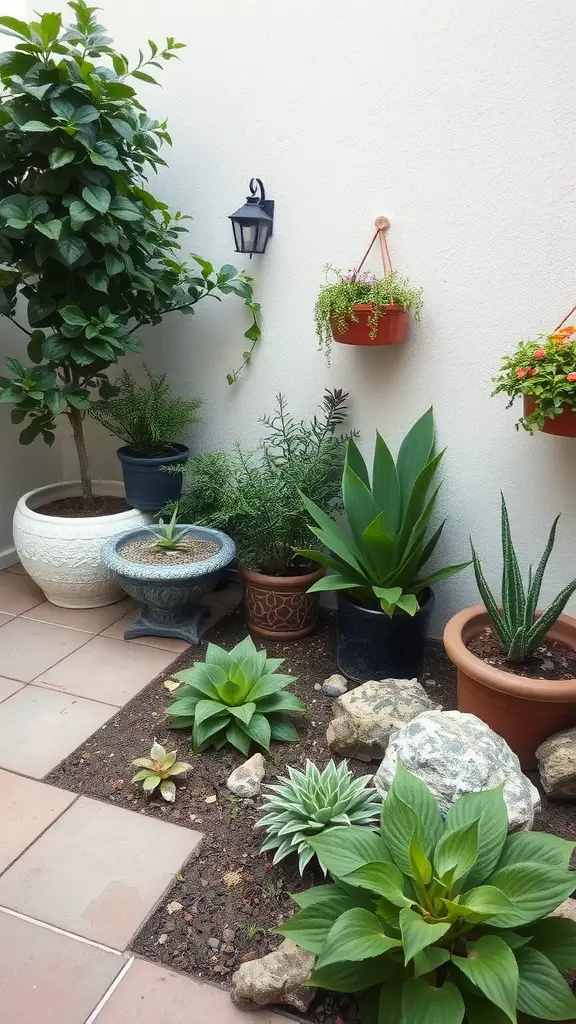 A small patio garden featuring various potted plants, a wall lantern, and decorative stones.