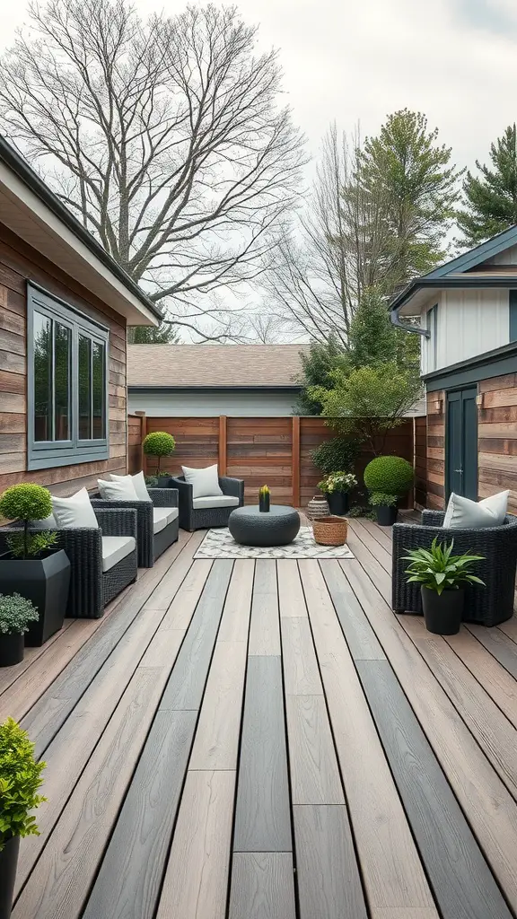 15 Creative Garden Decking Ideas for Your Outdoor Space 5 A modern deck featuring composite materials with sleek lines, comfortable seating, and potted plants.