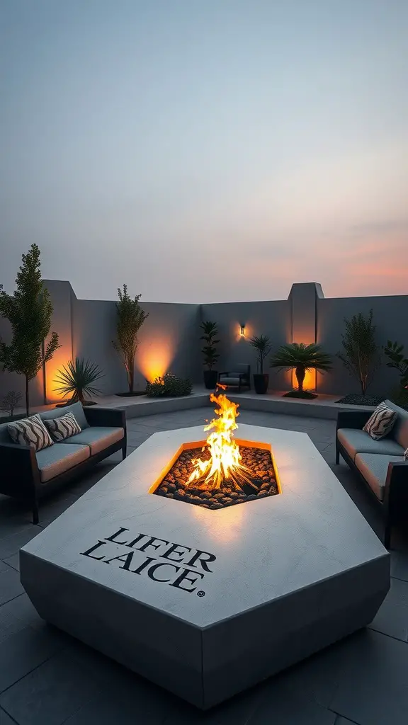 Modern concrete fire pit lounge with hexagonal design, surrounded by cozy seating and plants