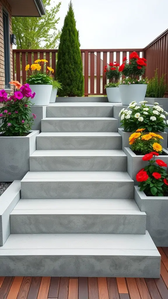 21 Creative Deck Step Ideas to Enhance Your Outdoor Space 2 Modern concrete steps with vibrant flower planters on each side.