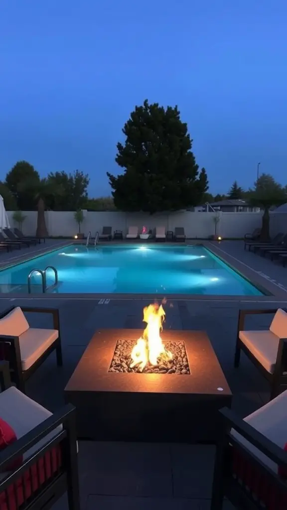 A modern fire pit table surrounded by chairs on a pool deck at dusk, with a swimming pool in the background.