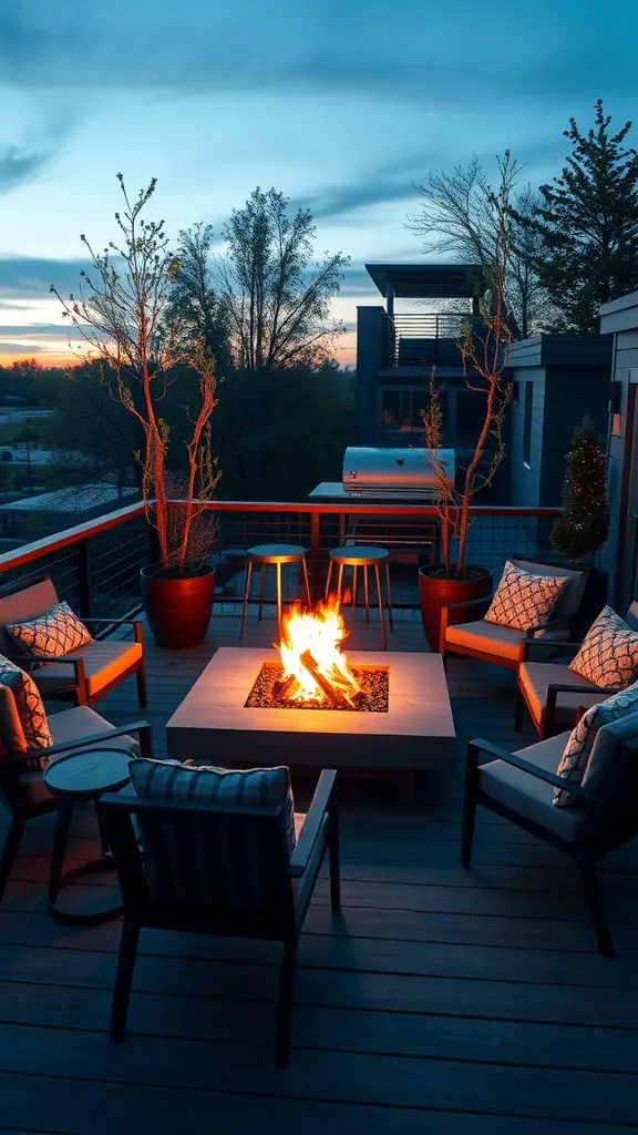 25 Stunning Deck Furniture Ideas for Your Outdoor Oasis 8 A modern fire pit surrounded by seating, creating a cozy outdoor gathering space.