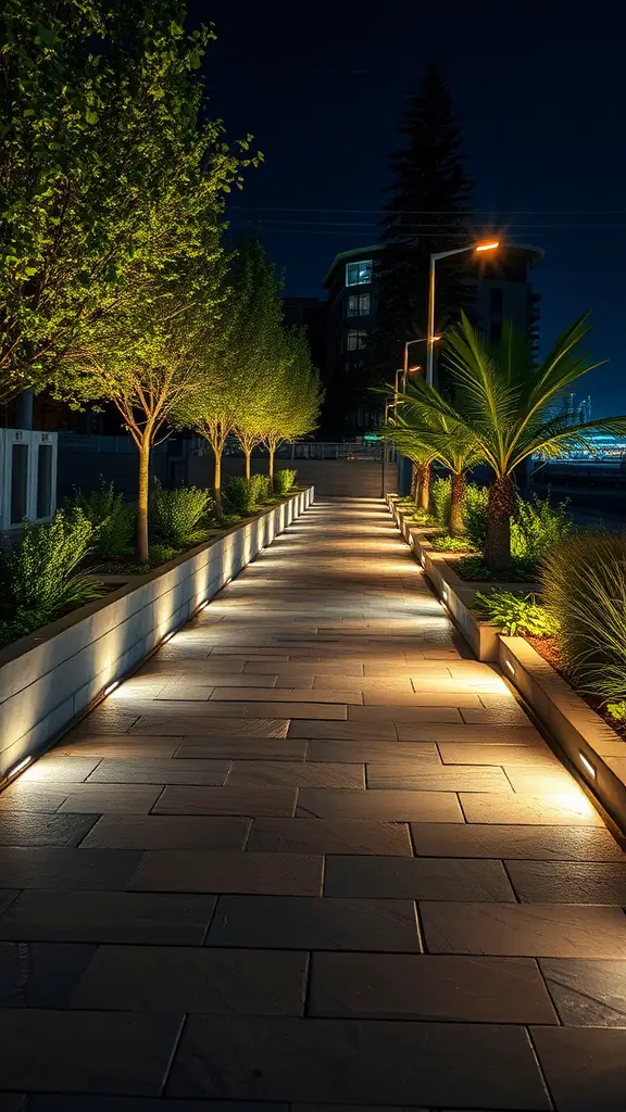 A modern flagstone walkway illuminated by LED lights, lined with trees and plants, in a night setting.