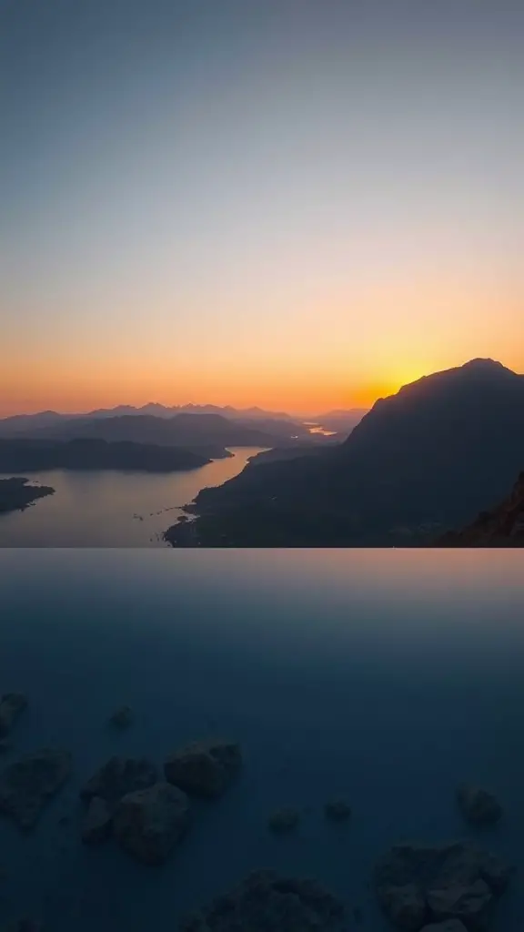 A modern infinity pool overlooking a scenic sunset view with mountains and water.