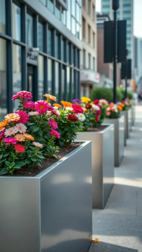 A row of modern metal flower boxes filled with colorful daisies on a city sidewalk.
