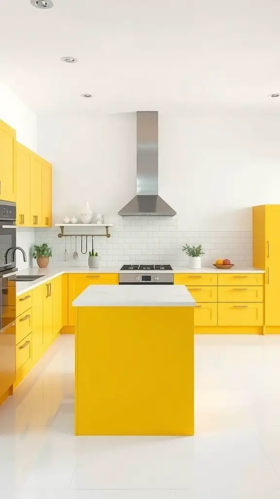 A modern kitchen with bright yellow cabinets and white countertops.