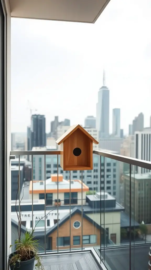 25 Creative DIY Birdhouse Design Ideas 10 A modern minimalist birdhouse on a balcony overlooking a city skyline.