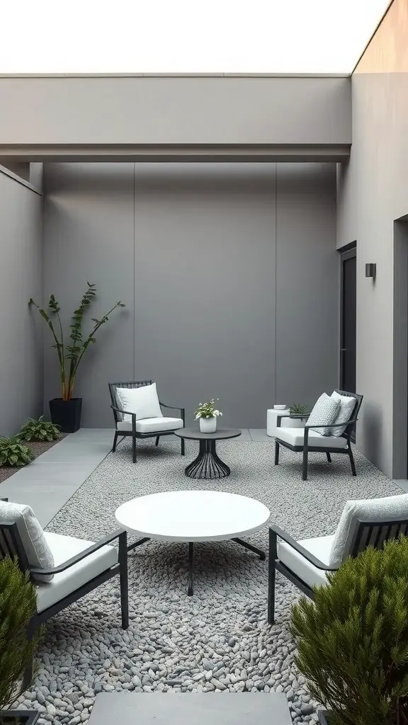15 Creative Pea Gravel Patio Ideas for Your Outdoor Space 2 Modern minimalist patio design featuring pea gravel, chairs, and a round table