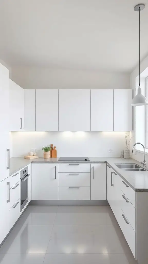 A modern minimalist kitchen with white cabinets, sleek countertops, and subtle decorative accents.