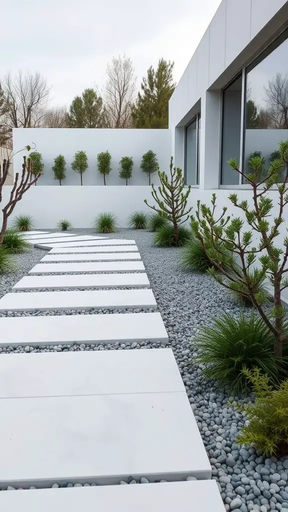19 Creative Gravel Border Ideas for Your Garden 6 A modern minimalist garden featuring white stepping stones over gravel with greenery.