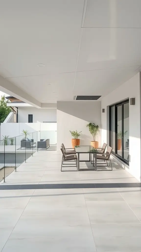 Modern minimalist patio featuring glass railings and simple outdoor furniture.