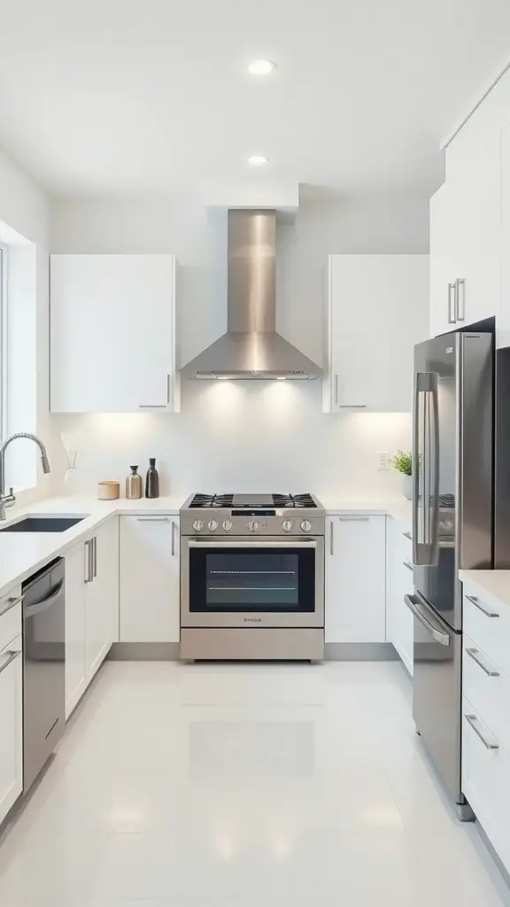 A modern minimalist white kitchen featuring sleek cabinets, stainless steel appliances, and bright natural light.